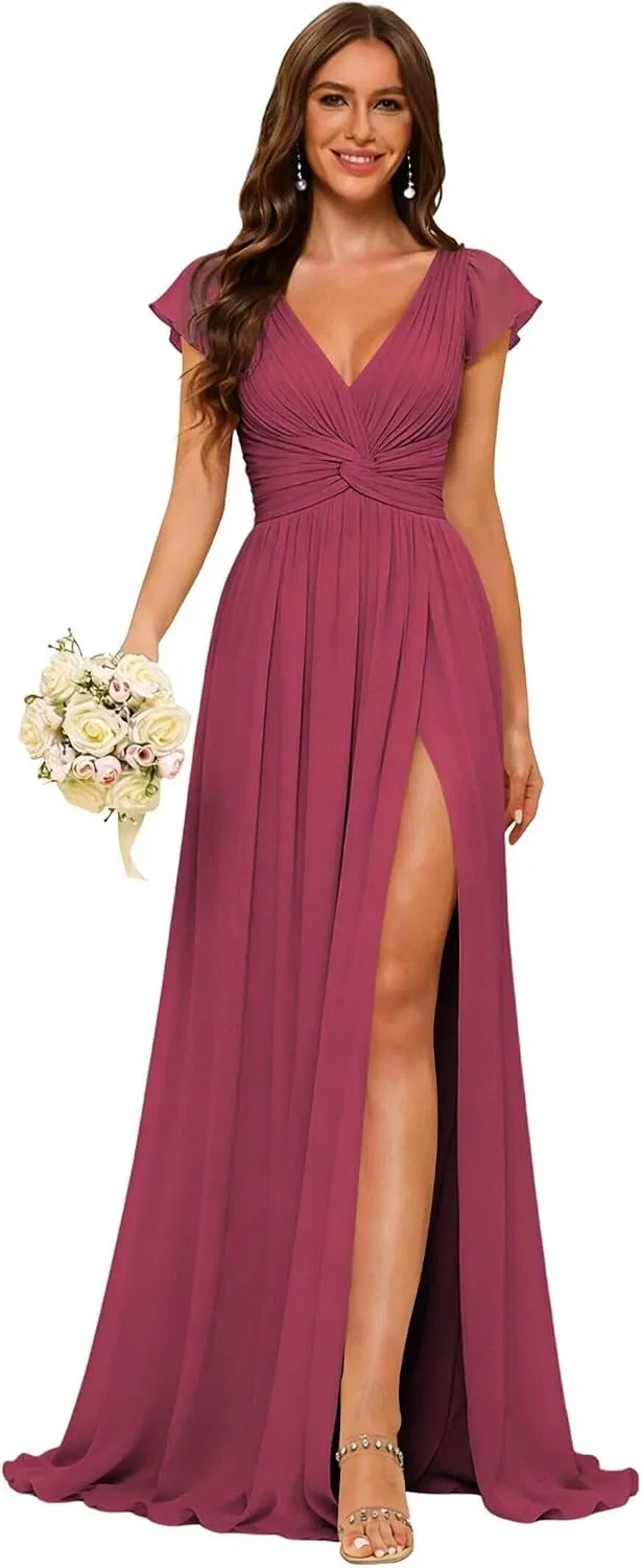 Женское длинное шифоновое платье с V-образным вырезом, плиссированное, с разрезом, Mulberry