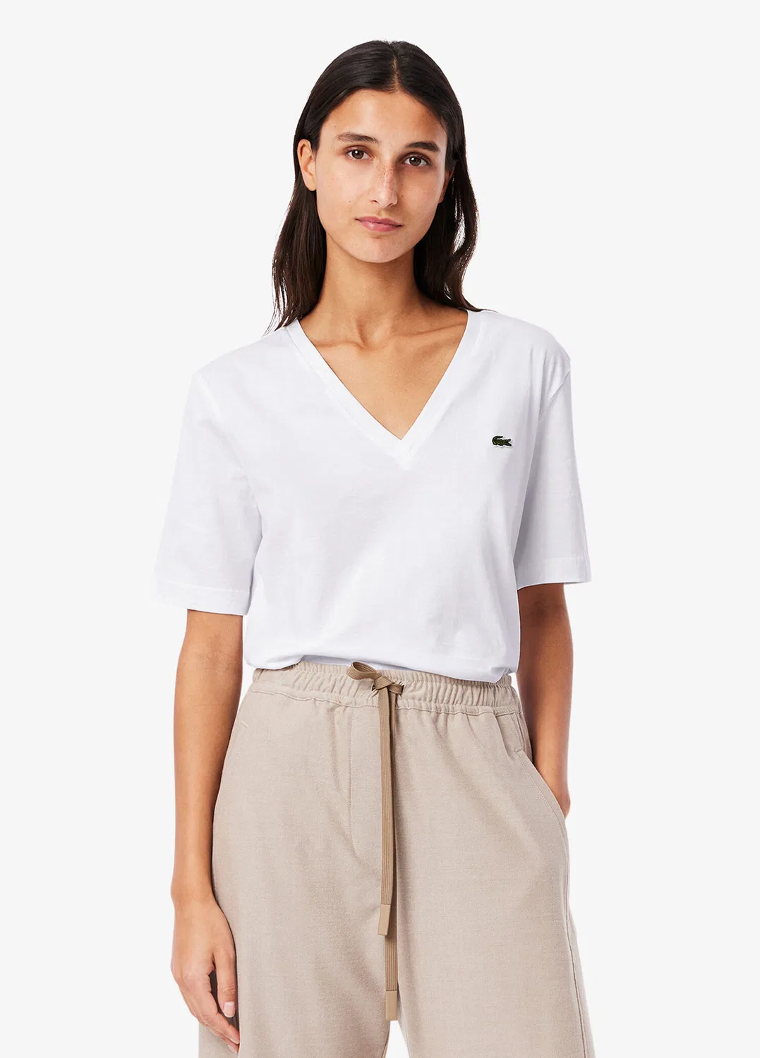 Футболка Lacoste Beyaz Pamuklu Jersey V Yaka, белая
