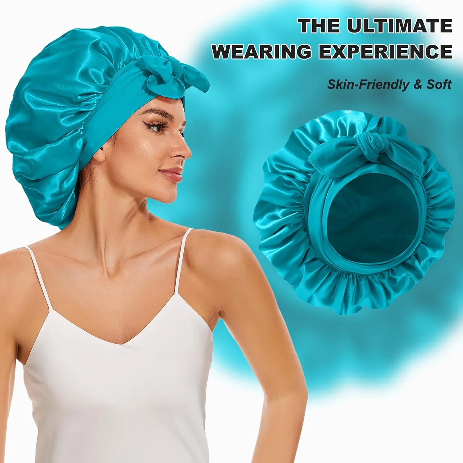 Шапочка для душа Satin Bonnet, BE BIGEDDIE, двойной слой, большой размер, A-04-Peacock Blue — фото 3