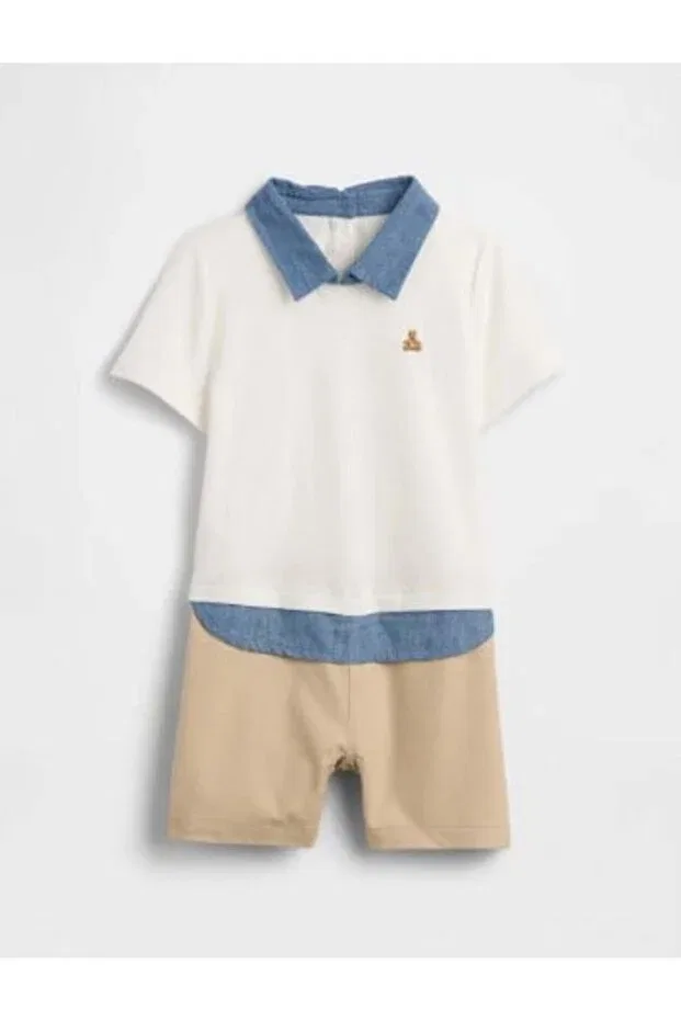 Детский комбинезон для девочек с коротким рукавом Brannan Bear Embroidered Chambray Polo Collar Jumpsuit Gap Kids, White
