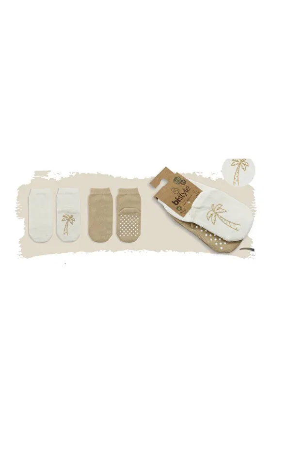 Детские носки с принтом Organic non-slip sole 2-piece baby socks Bistyle, Bej Ecru