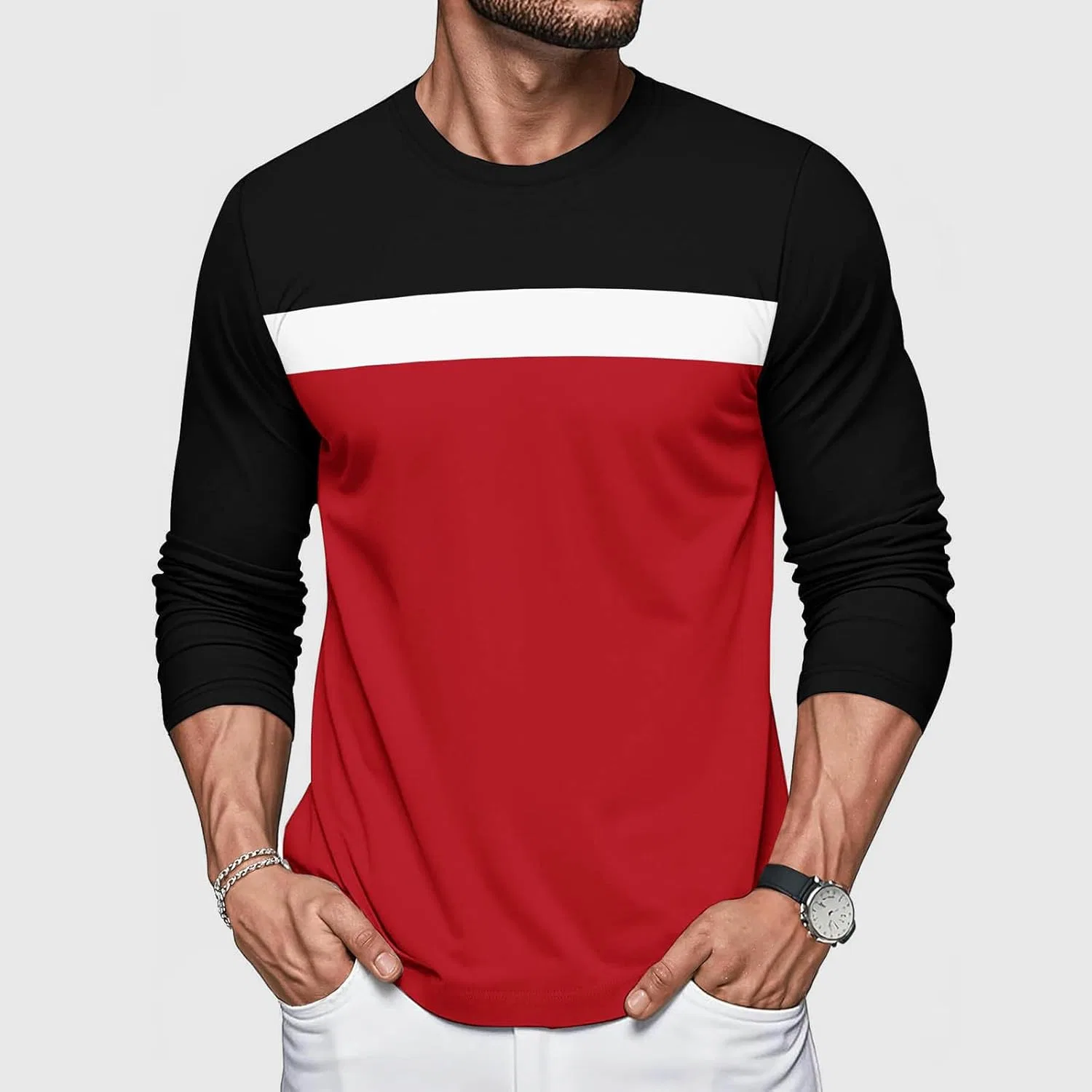 Мужская футболка с длинным рукавом цвет блок Casual, Red — фото 2