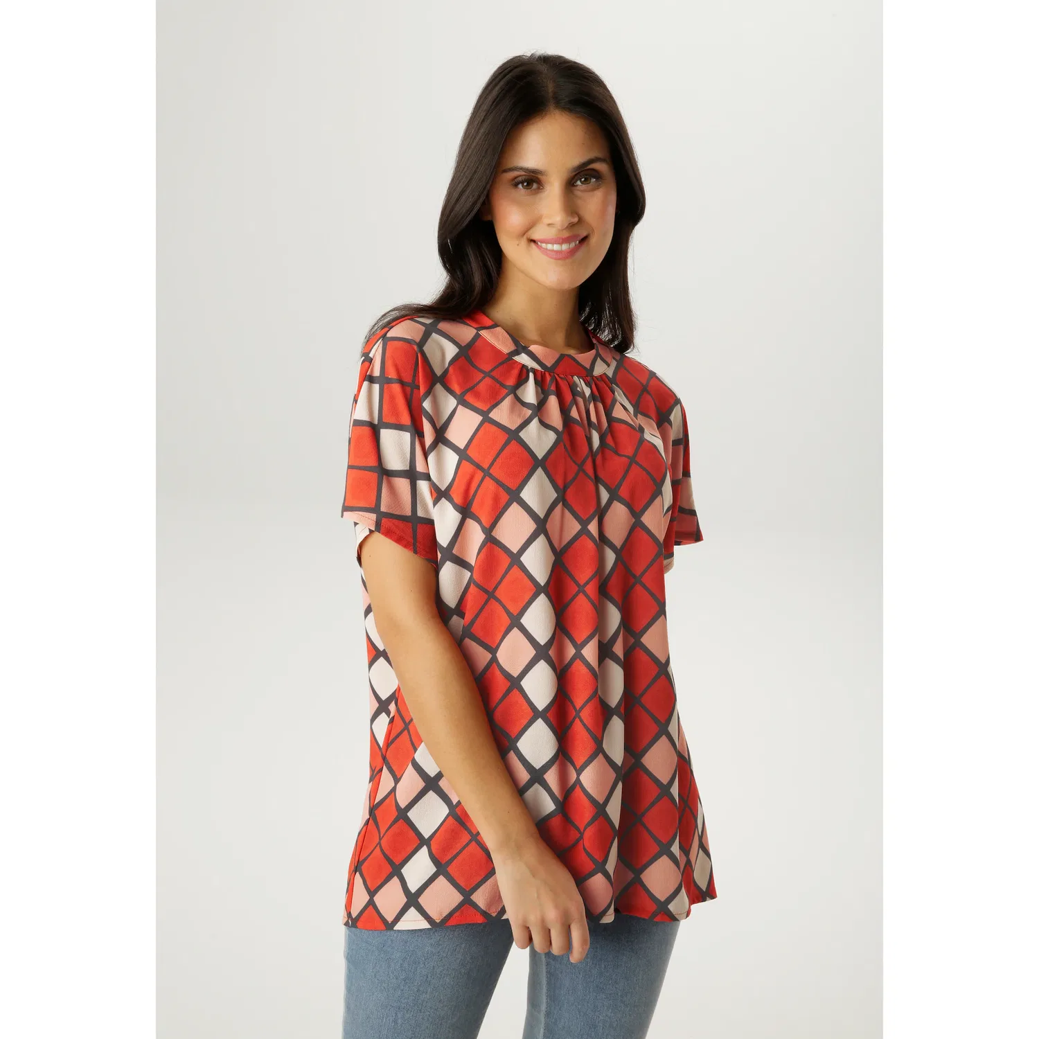 Женская блуза свободного кроя с ромбовидным узором Aniston SELECTED, Red/Black/Apricot/Beige