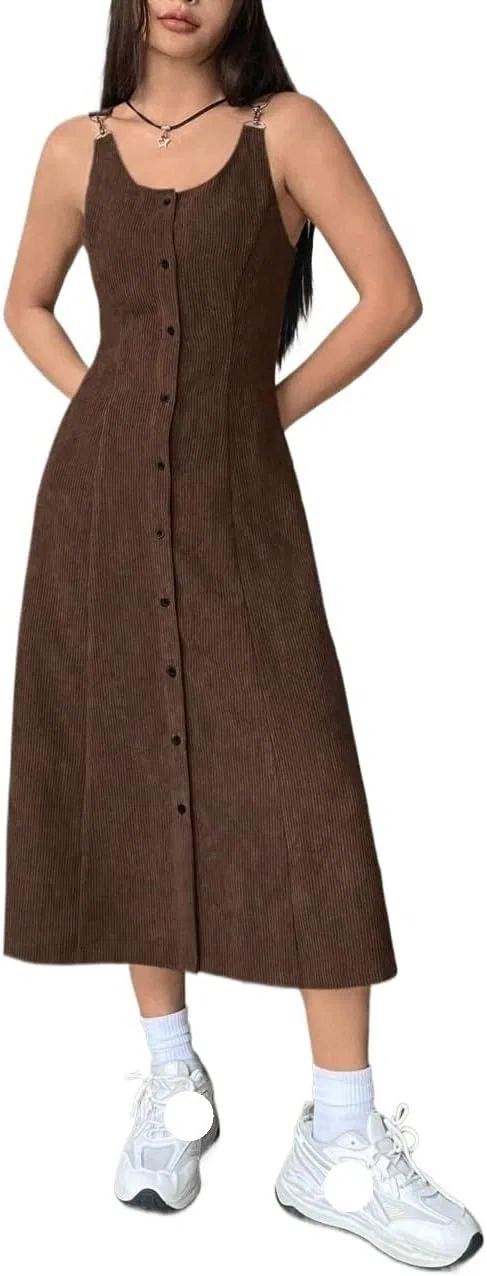 Женское повседневное платье миди A-силуэта с круглым вырезом, Coffee Brown