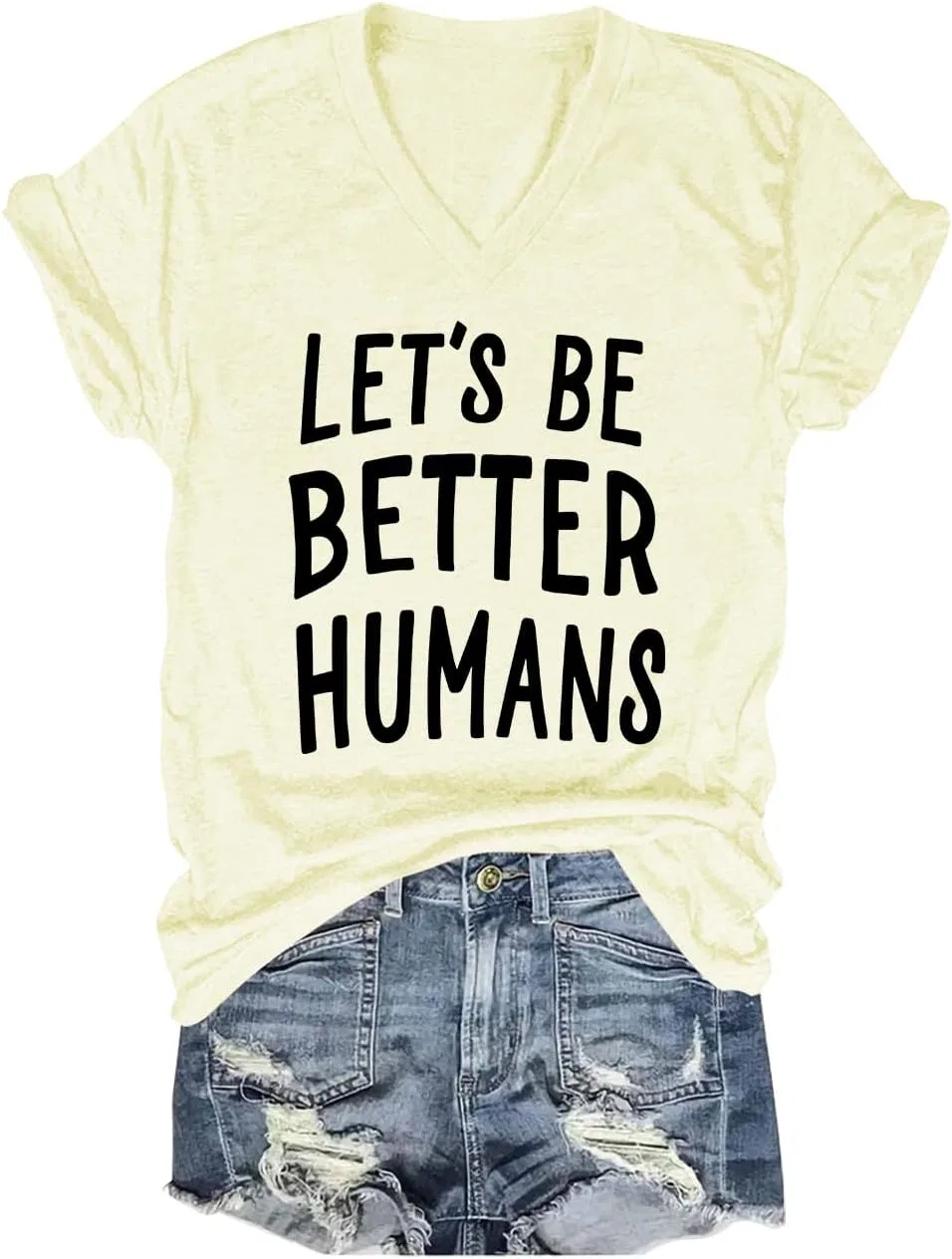 Женская футболка с V-образным вырезом Let's Be Better Humans, Creamy Yellow