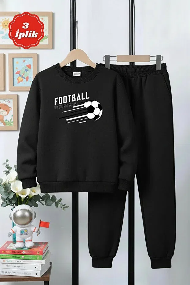 Детский комплект спортивного костюма для мальчиков с принтом 3 Thread Thick Sh Fleece-Lined Crew Neck Football Print Detailed Boys' Tracksuit Set Ya Ko Kids, Black