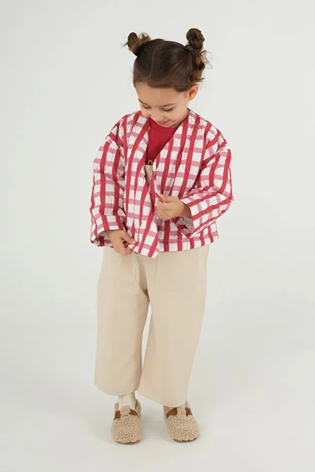 Детская куртка для девочек с принтом Double-Breasted red plaid patterned jacket Mioma Kids, Red — фото 4