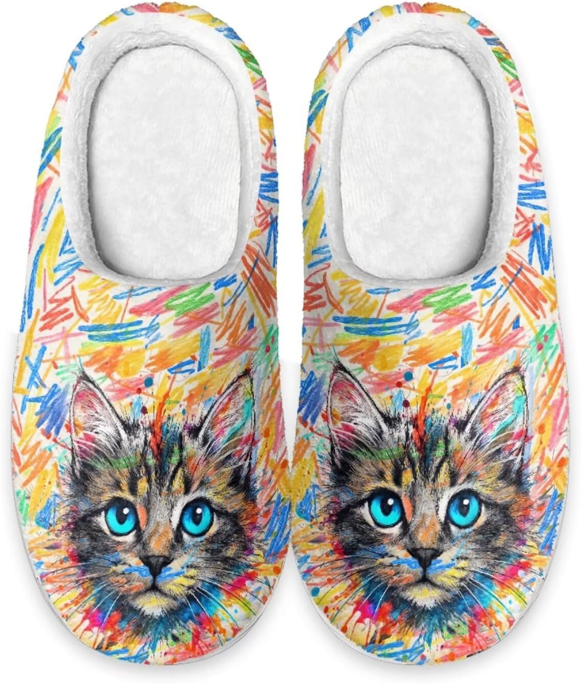 

Xoenoiee Мужские и женские теплые пушистые тапочки для спальни, домашние тапочки, противоскользящие зимние домашние тапочки, Colorful Graffiti Cat