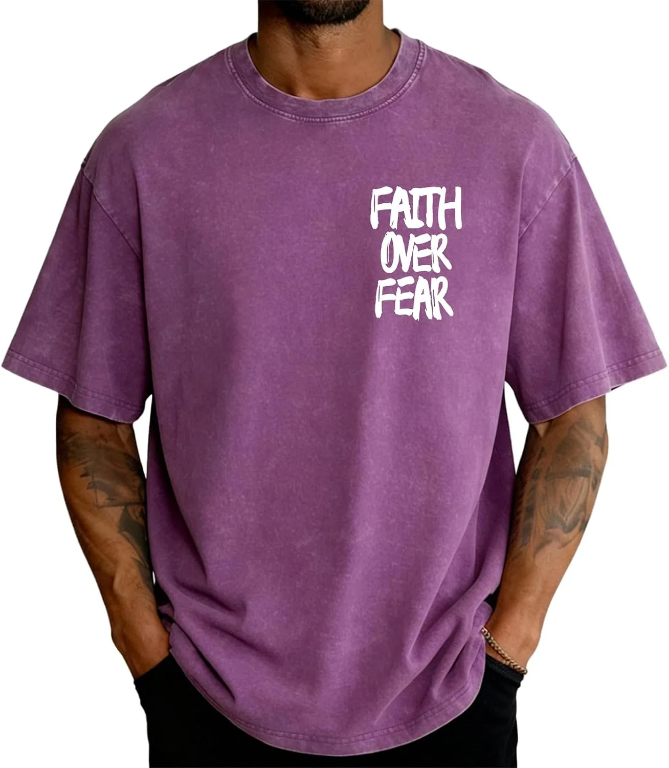 Мужская футболка с принтом Faith Over Fear, фиолетовый — фото 2