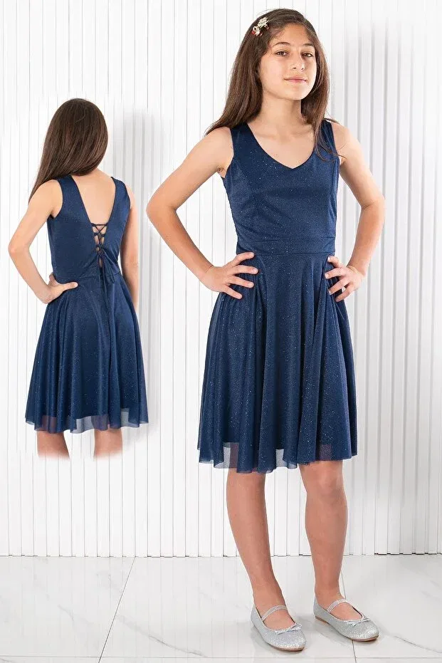 Детское платье для девочек с открытой спиной Back detailed tulle evening dress navy blue mdv942 Modaviki, Navy Blue