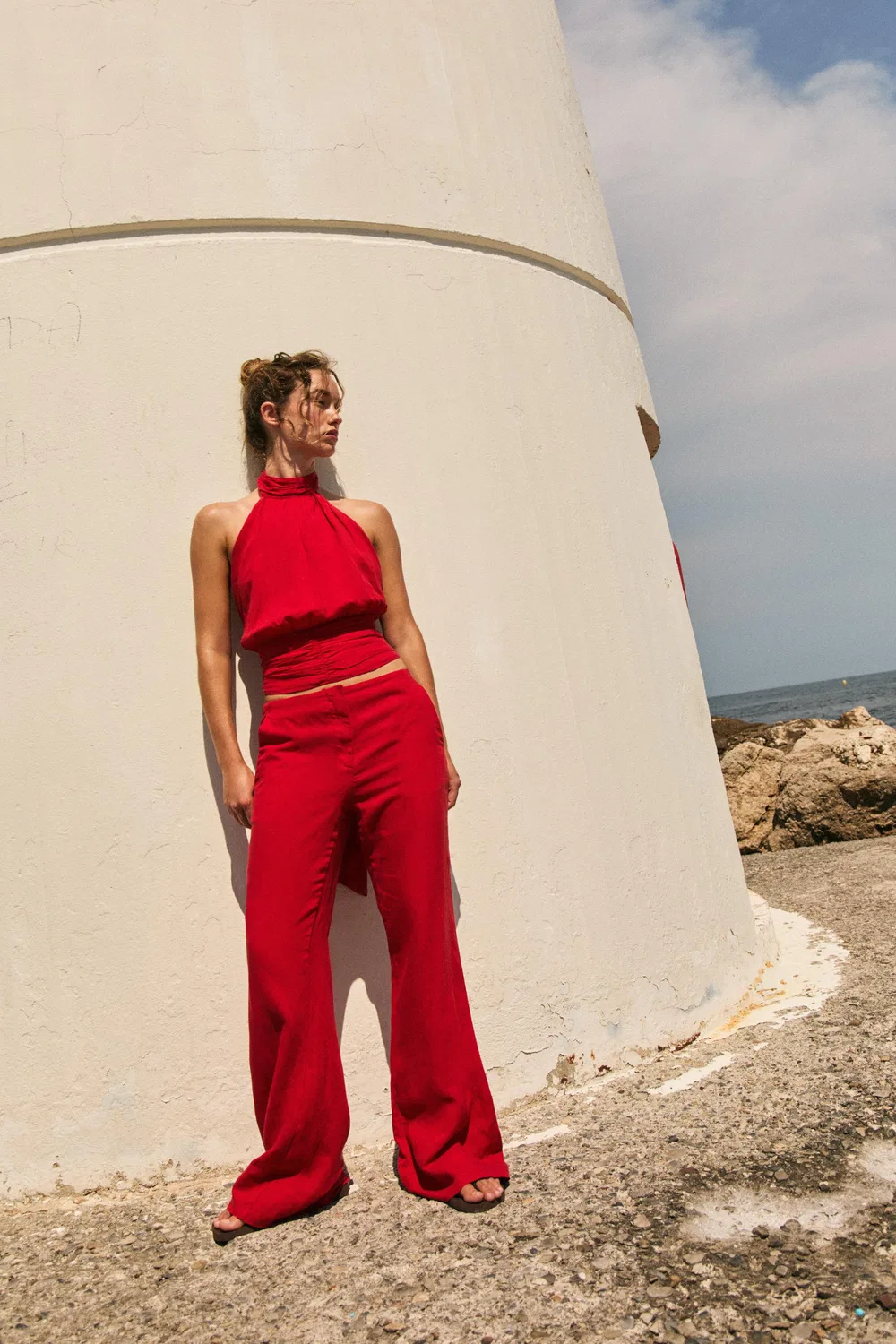 Прямые брюки из льняной смеси ZARA, Red