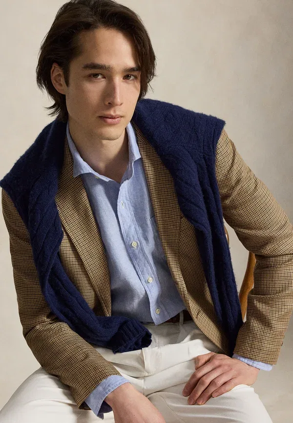 Рубашка 100% лен Wimbledon classic fit linen shirt Polo Ralph Lauren, office blue-white, белый