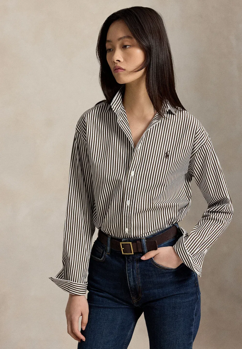 Свободная полосатая хлопковая рубашка - блузка на пуговицах Polo Ralph Lauren, Dark Brown/White