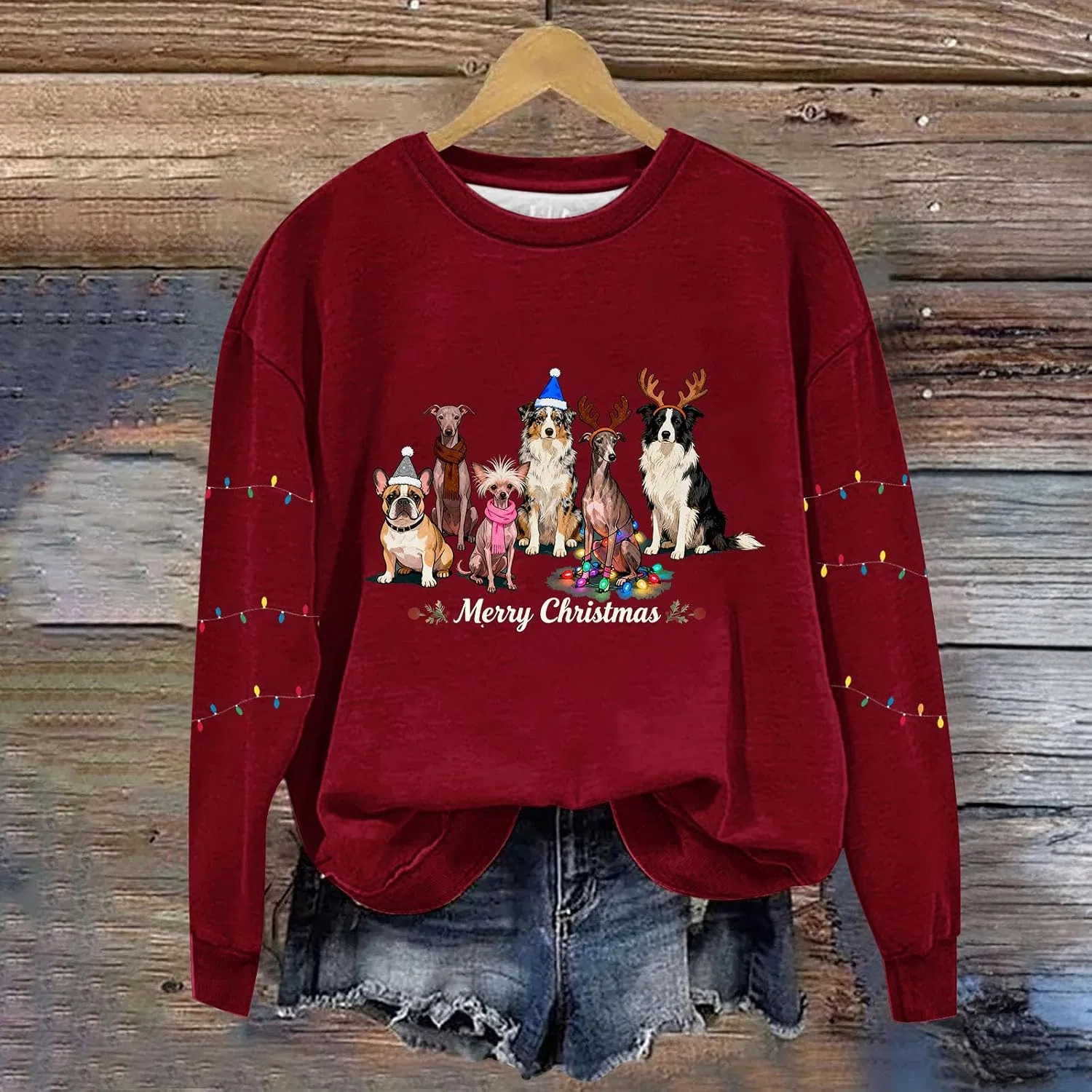 Женский свитшот с принтом Christmas Dog, винный — фото 2