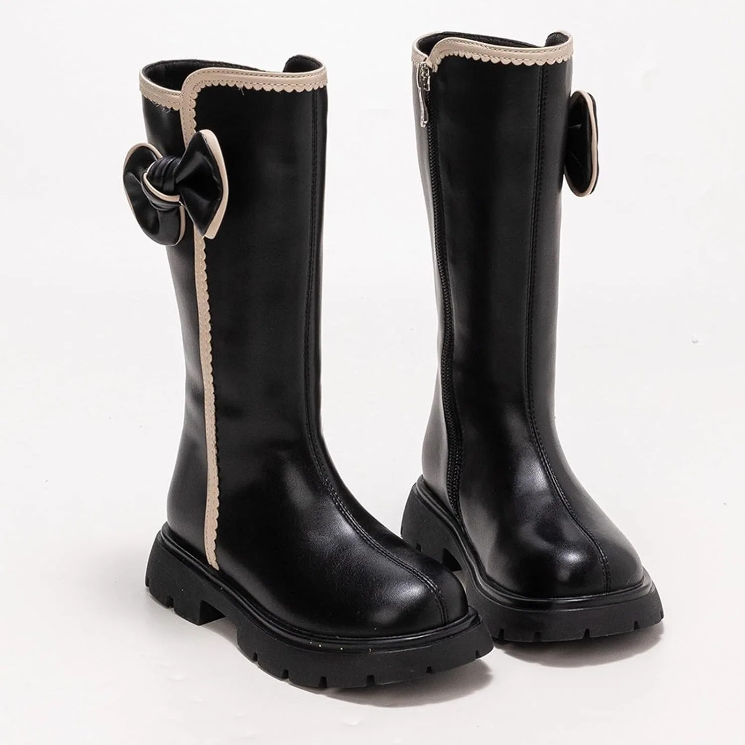 Детские ботинки для девочек с контрастной шнуровкой и бантом, модель Combat Boots, Black — фото 3