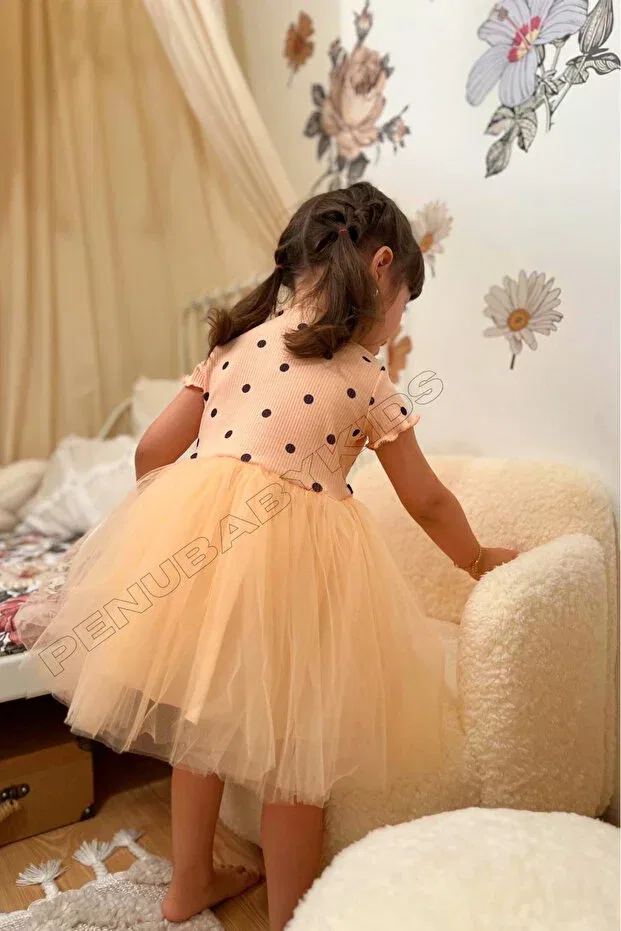 Детское платье для девочек с принтом Salmon Polka Dot Detailed Penu Baby Kids, Salmon — фото 4