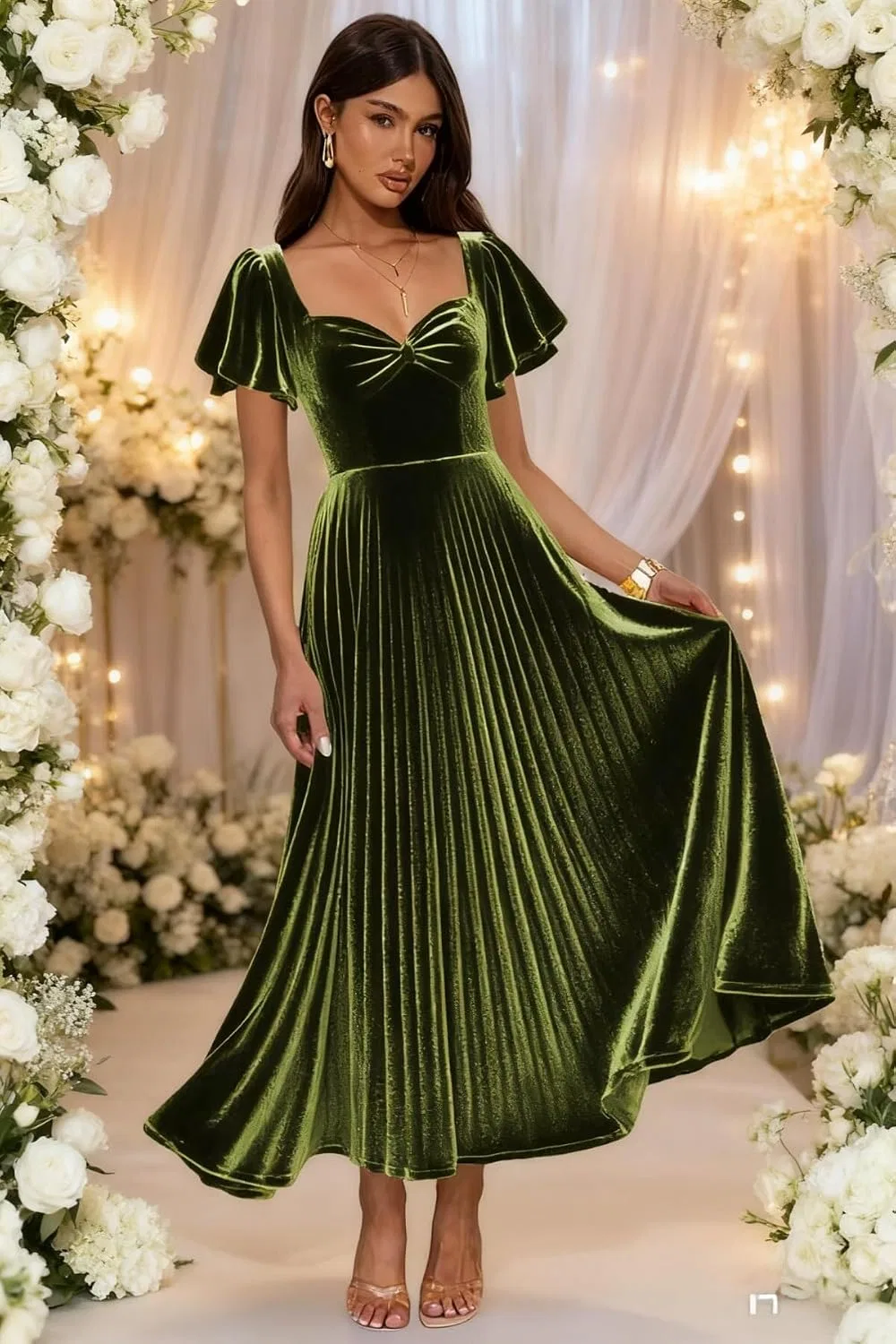 Женское вечернее платье из плиссированного бархата A-силуэта, Olive Green — фото 4
