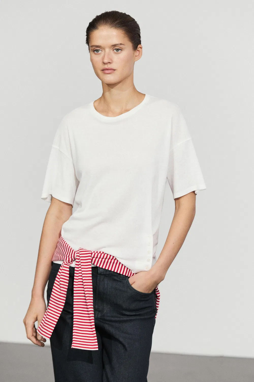 Футболка с коротким рукавом Massimo Dutti Button-Detail, кремовый