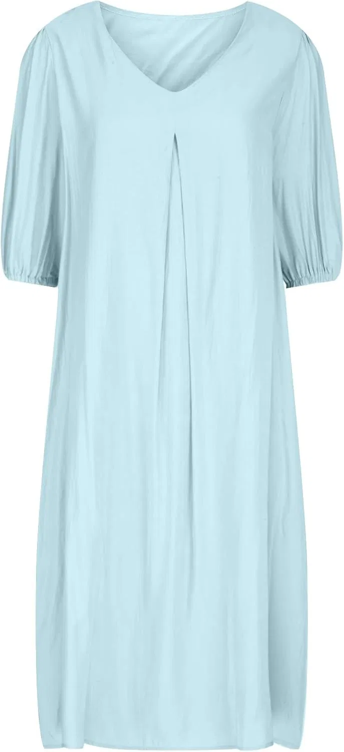 Женское летнее платье миди из хлопка и льна, Light Blue — фото 3