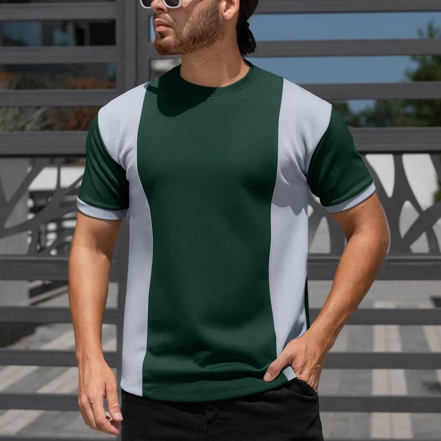 Мужская футболка цвет-блок waffle knit, Army Green — фото 2
