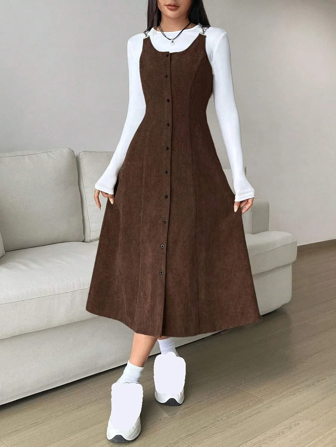 Женское платье A-силуэта миди с пуговицами, Coffee Brown — фото 3
