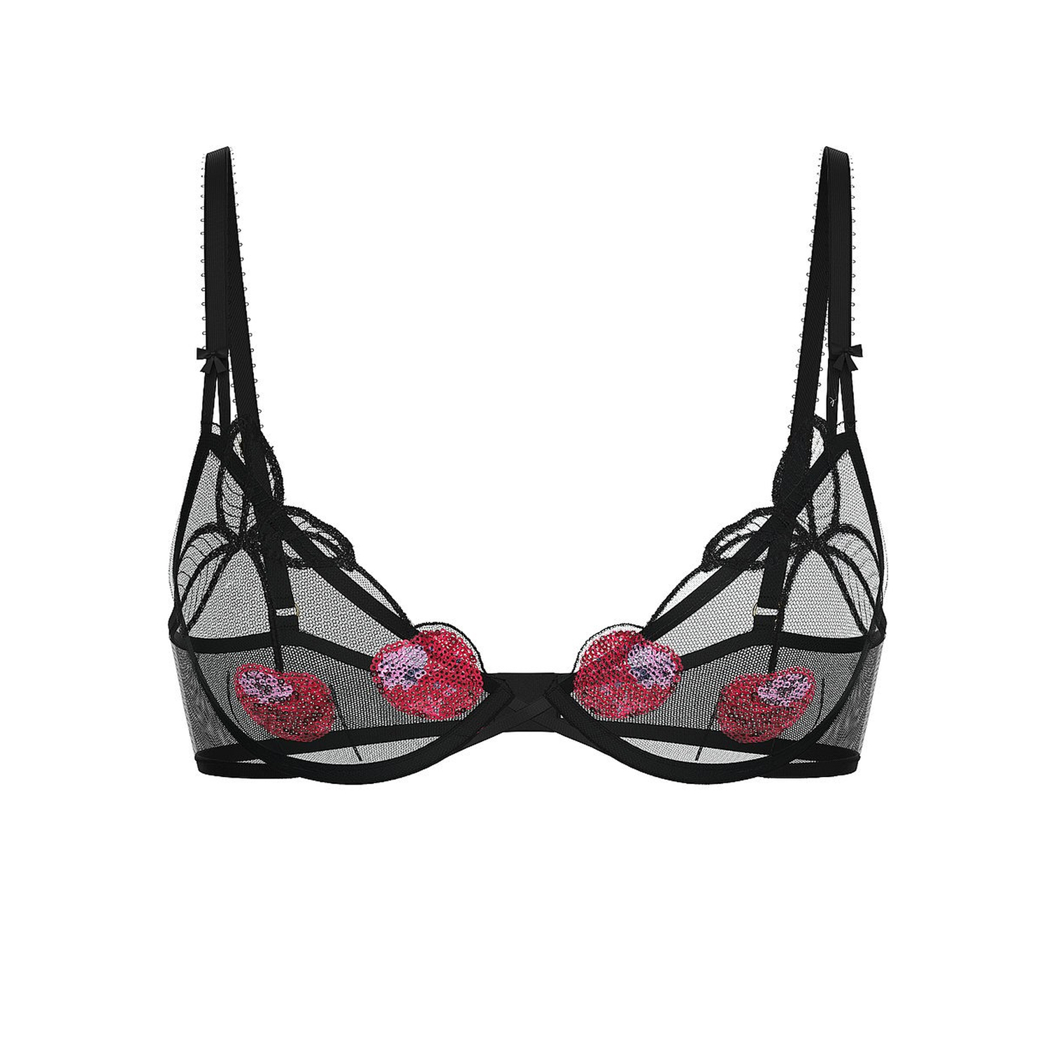 

Бюстгальтер Victoria's Secret Cherry Embroidery Sequin Shine Unlined Demi, черный/красный