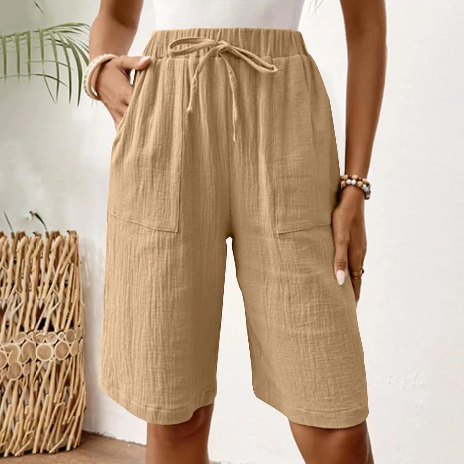 Бермуды женские хлопково-льняные, свободный крой, цвет 01-khaki — фото 2