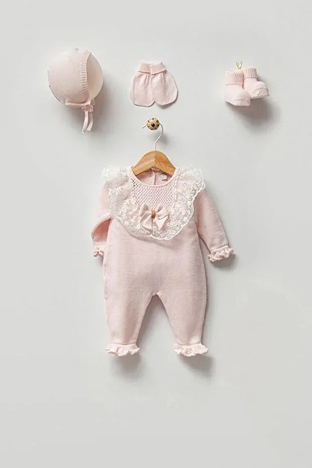 Детский комплект одежды для новорожденных хлопковый Lace pcs bow detail baby girl knitwear hospital release set of five Momercy, Pink — фото 3