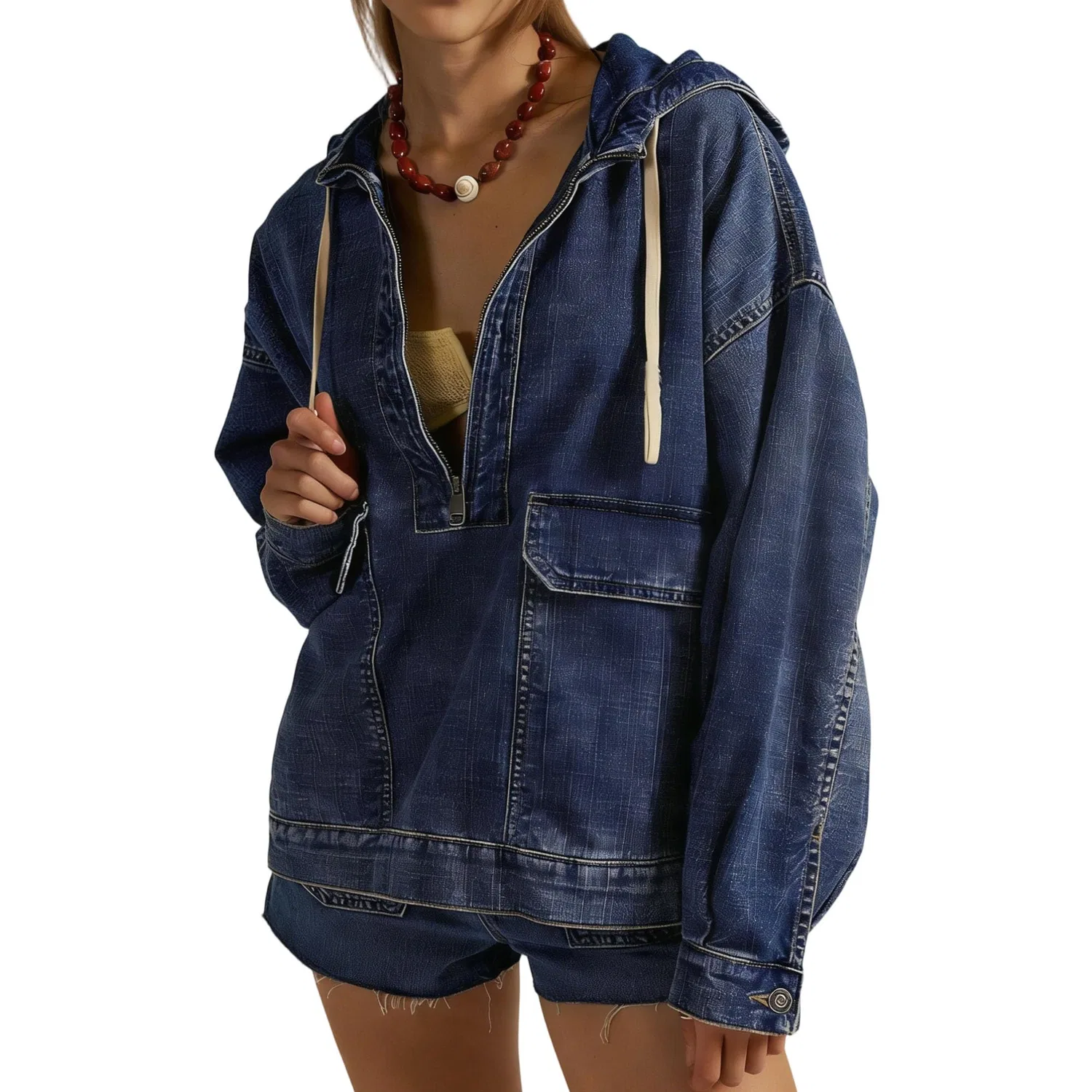 Женская куртка oversize с полузамком и карманами, Blu scuro