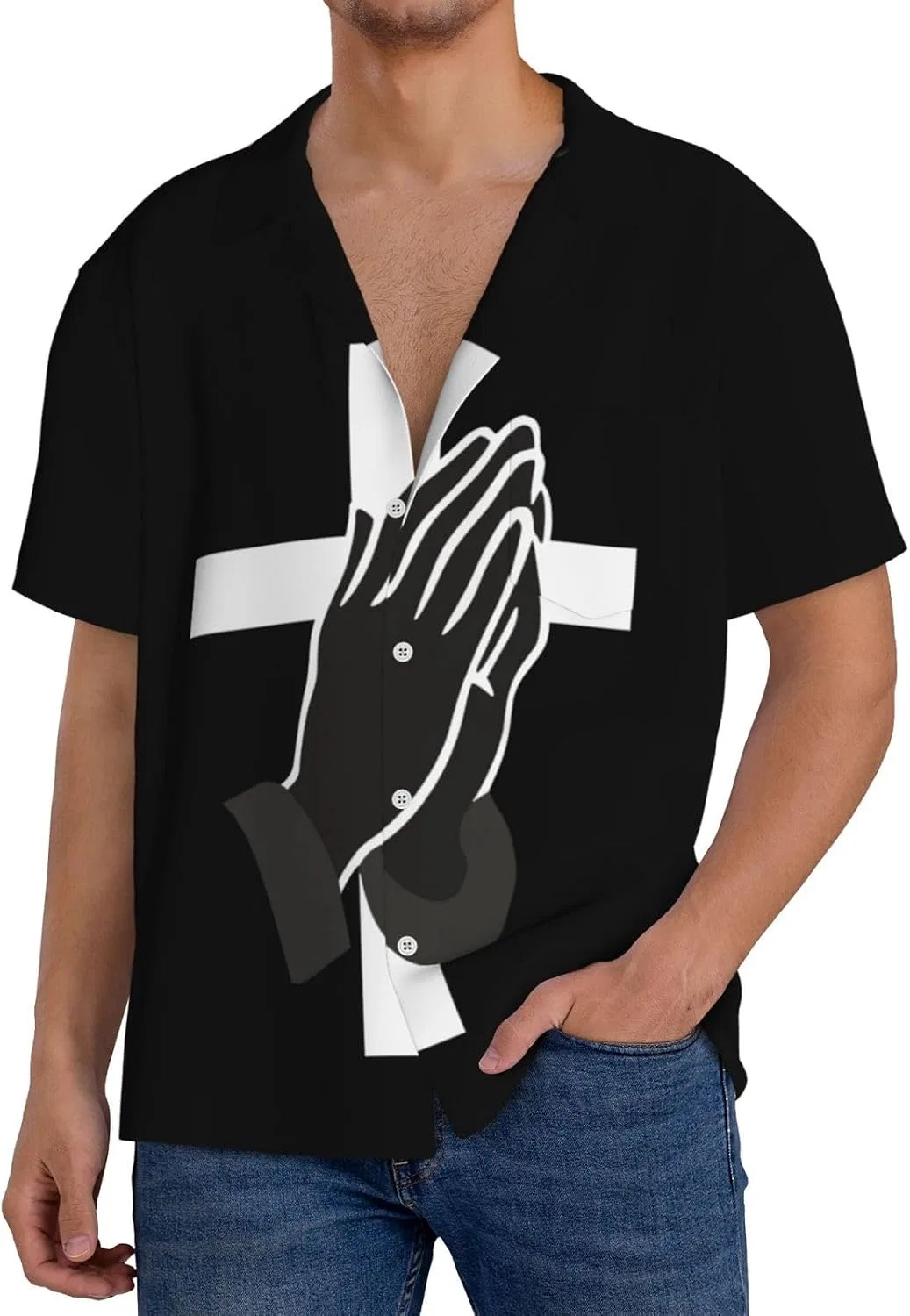 Мужская свободная рубашка с коротким рукавом и кубинским воротником Jesus Praying Hands, Black