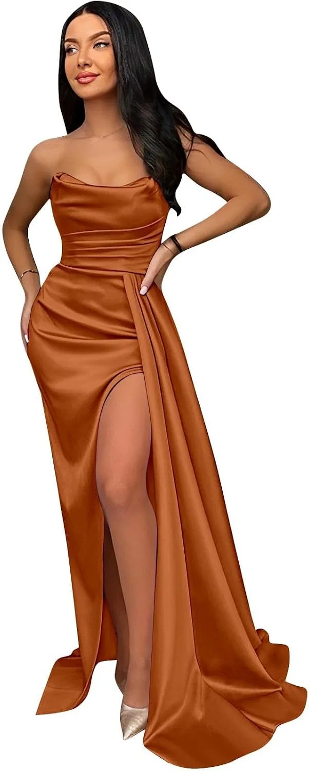 Женское вечернее платье-русалка с разрезом Satin Prom Dresses, Burnt Orange