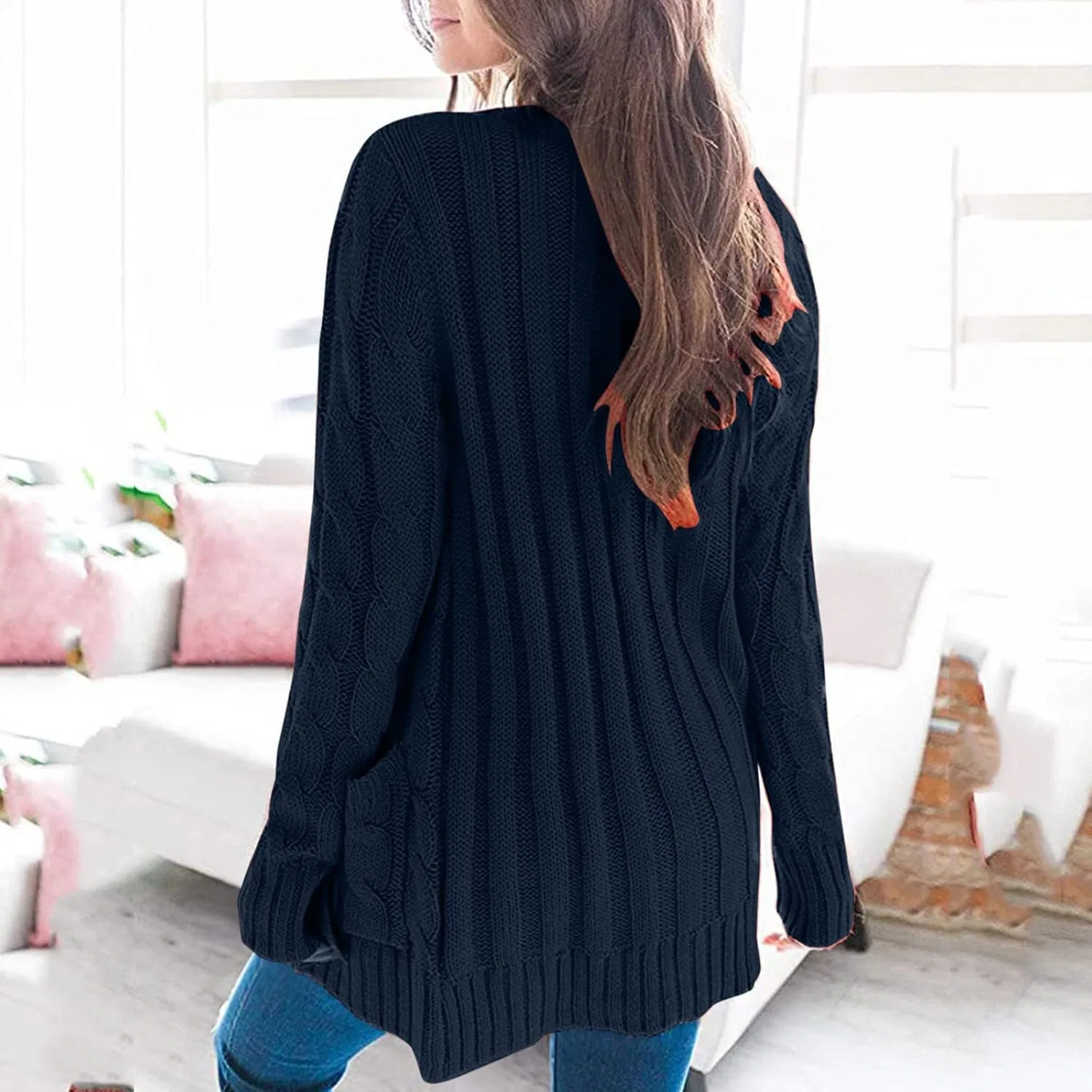 Женский кардиган с пуговицами, хлопковый, Open Front Cardigan, тёмно-синий — фото 4