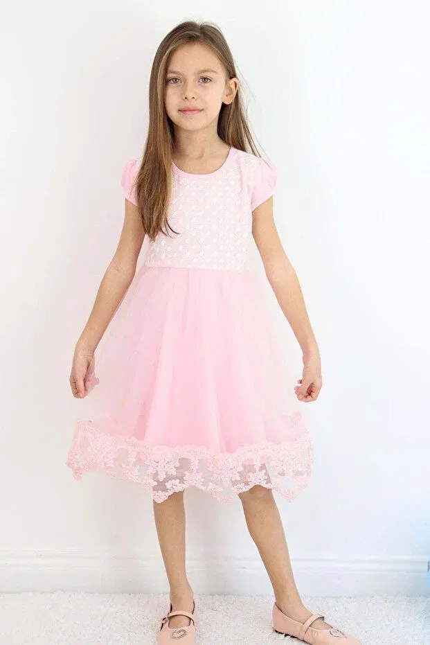 Детское платье для девочек с принтом Vintage Lace Detailed Tulle Floral Patterned Dress Breeze, Pink