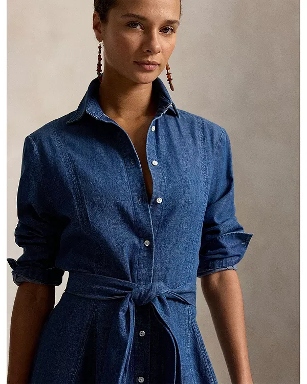 Женское платье-рубашка с завязками на талии Chambray Tie Waist Shirtdress Ralph Lauren, синий — фото 4
