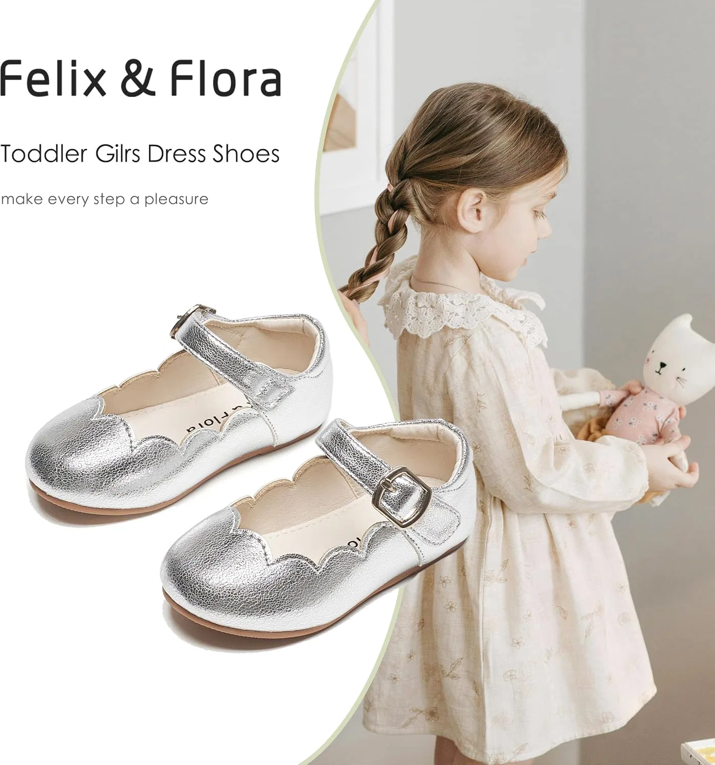 Детские туфли-балетки для девочек с цветочным принтом Felix & Flora, Silver — фото 4