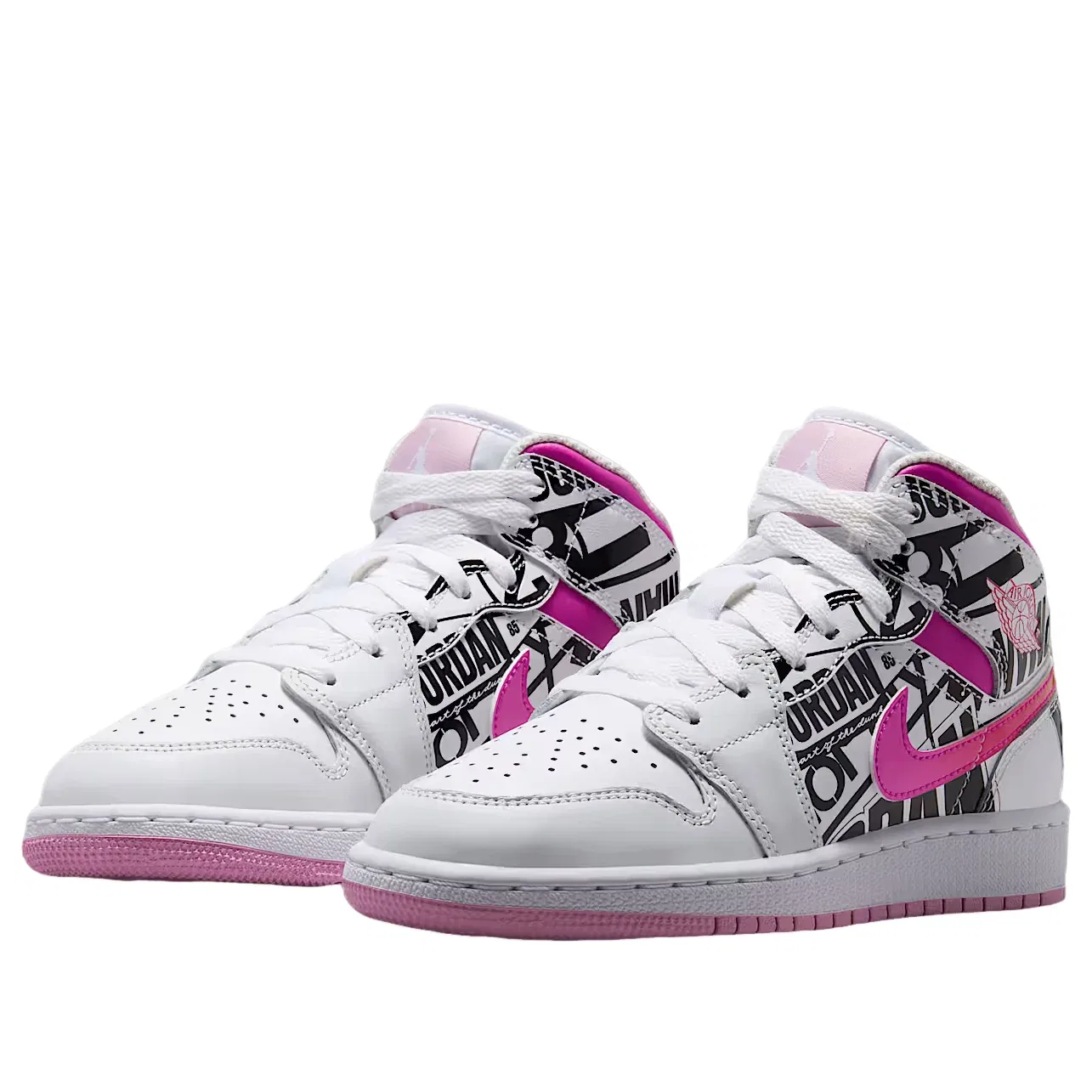 Детские кроссовки с кожаным верхом Air Jordan 1 Mid 'White Fire Pink' Jordan, Off White/University Red/Fire Pink — фото 2