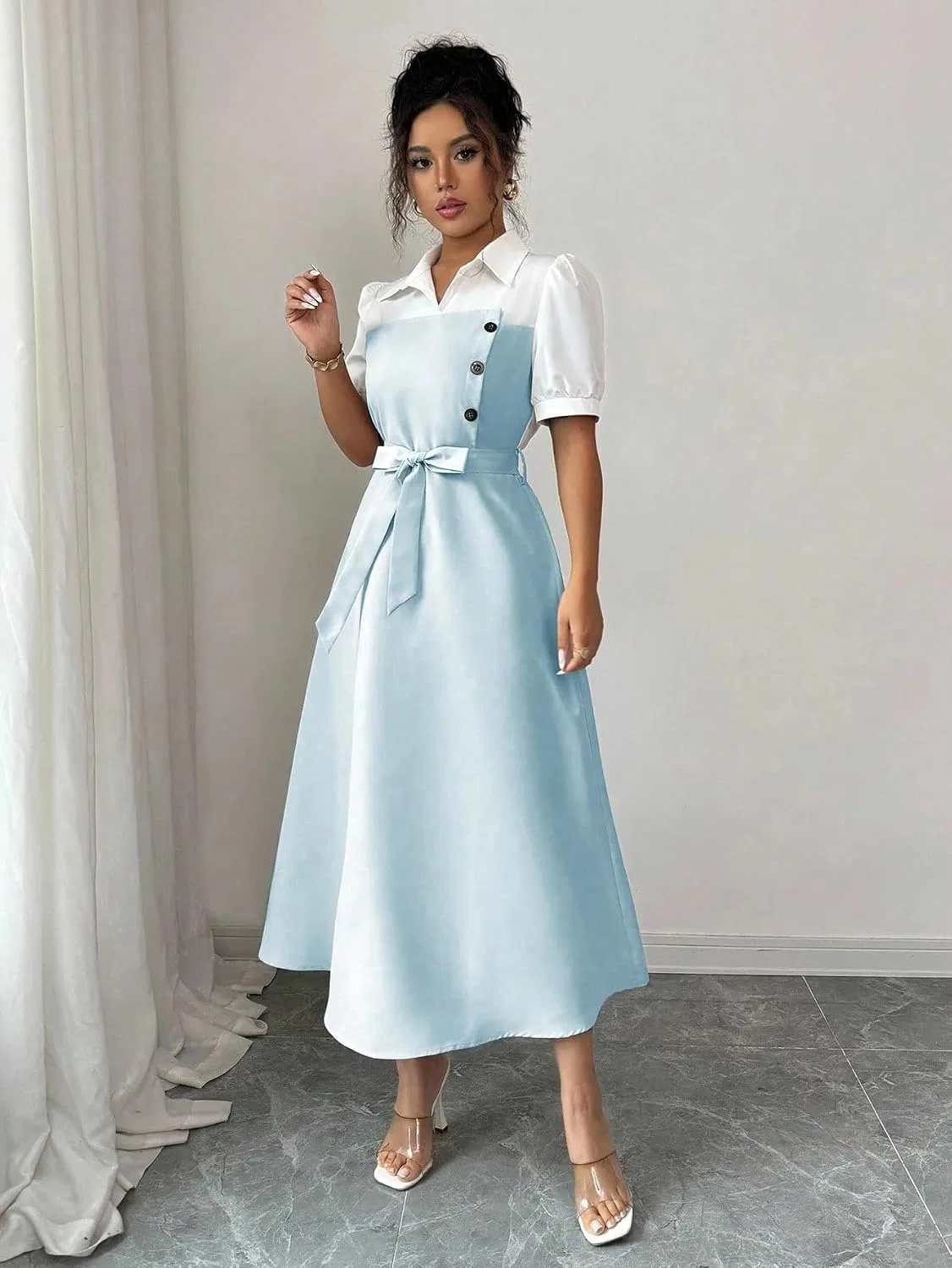 Женское повседневное цветочное миди-платье Colorblock, Blue — фото 4