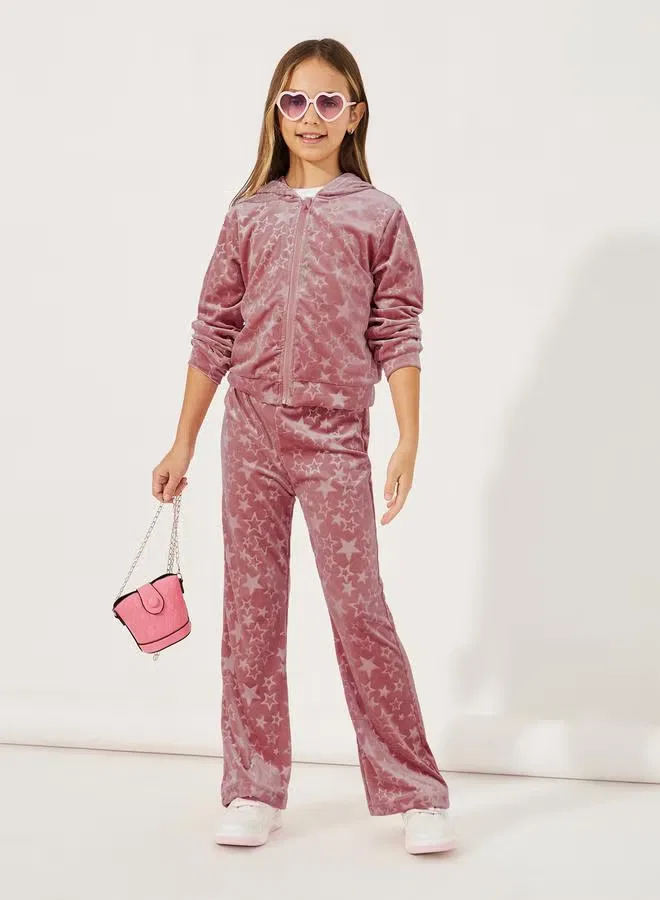 Комплект с звездным принтом на молнии худи и брюки клеш Star pattern zipper front velvet Styli, пыльно-розовый