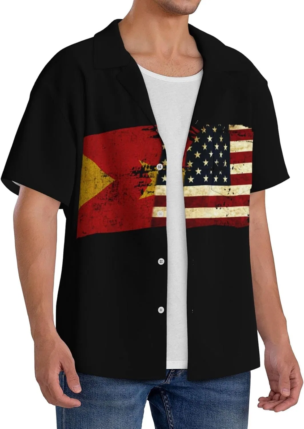 Мужская свободная футболка с коротким рукавом Cuba Collar Tigray America Flag, Black — фото 2