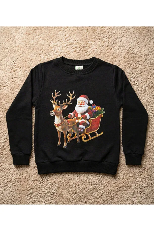 Детские свитшот для девочек с принтом Christmas themed santa claus and deer printed Muba Kids, Black
