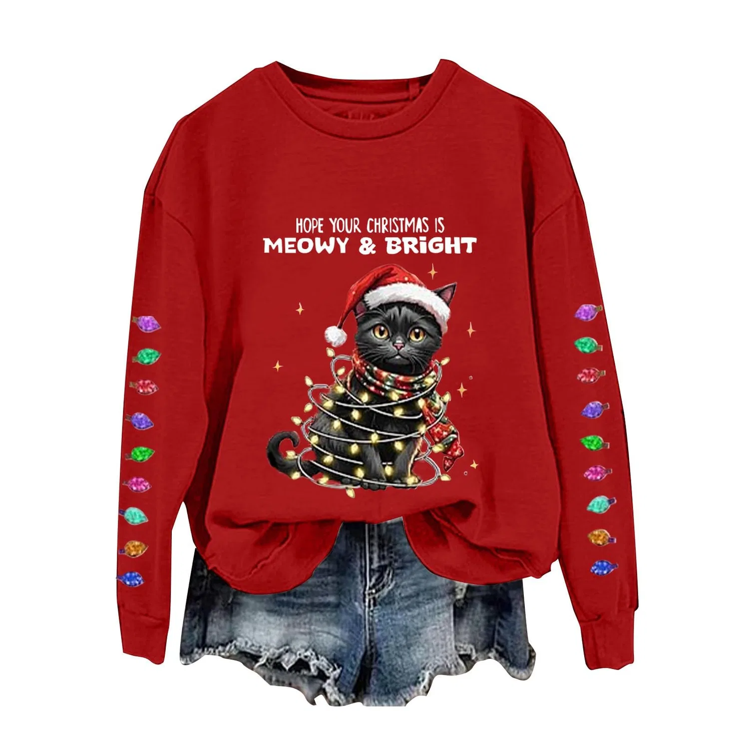 Женский свитшот с принтом Christmas Tree Funny Cat Say What HUIFUAO, Z03 Red
