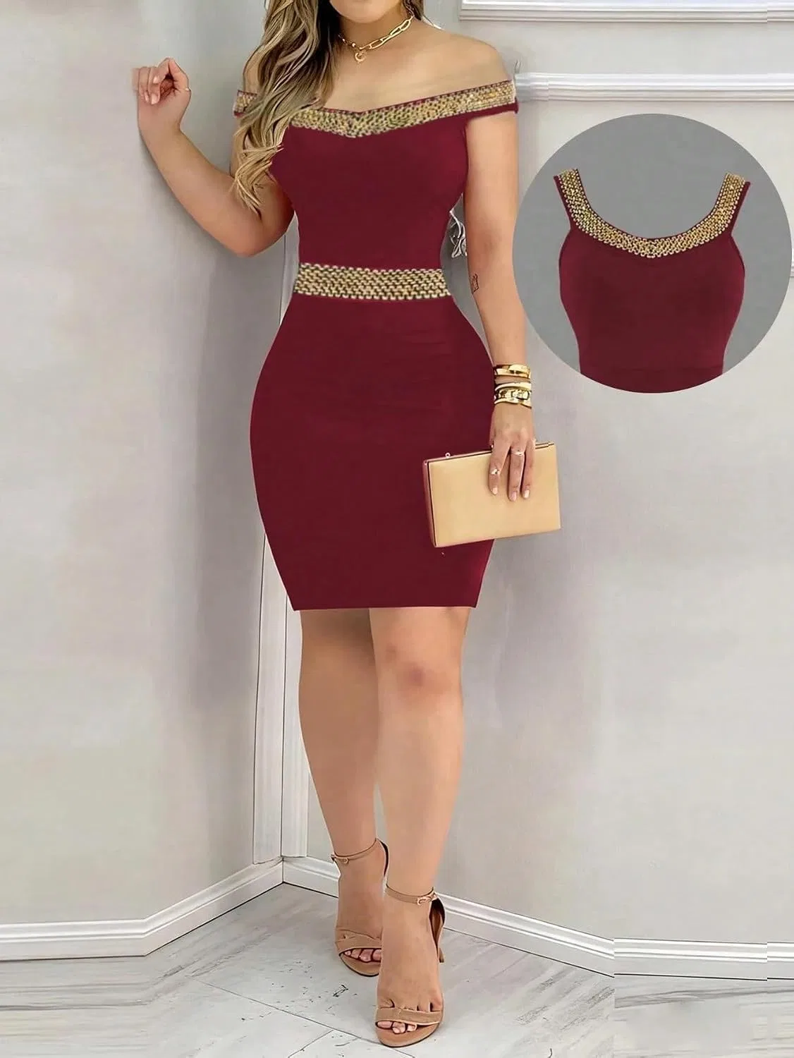 Женское кэжуал миди платье Bodycon Sleeveless Backless, Burgundy — фото 4