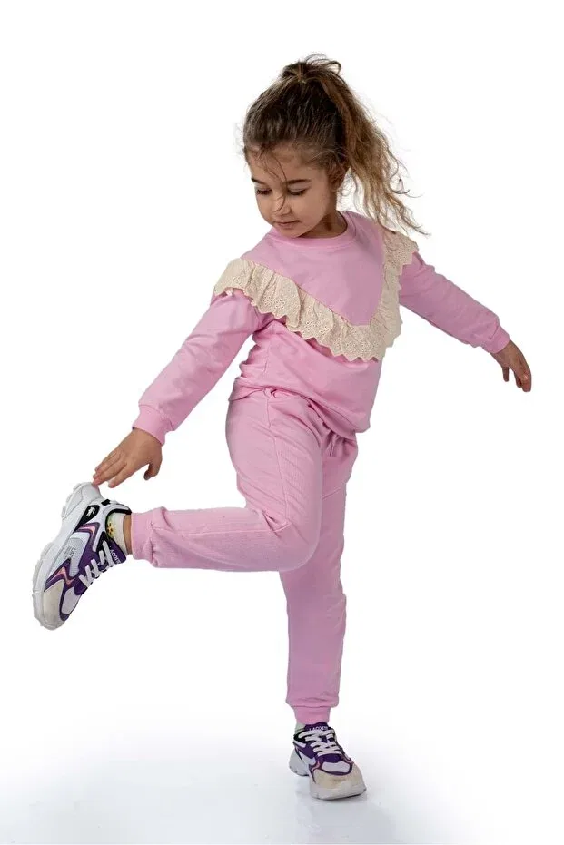 Детский комплект спортивного костюма для девочек Scalloped Crew Neck Two Thread Girls Tracksuit Set Mnk Baby&Kids, Pink — фото 3