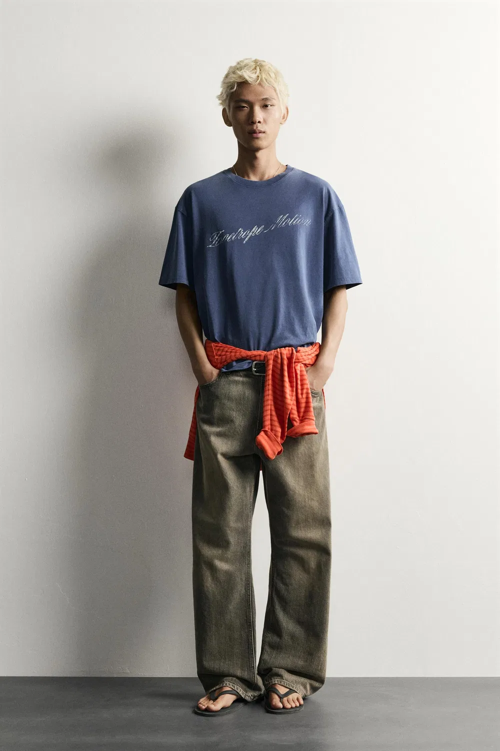 Футболка свободного кроя с принтом и эффектом потертости ZARA, Blue