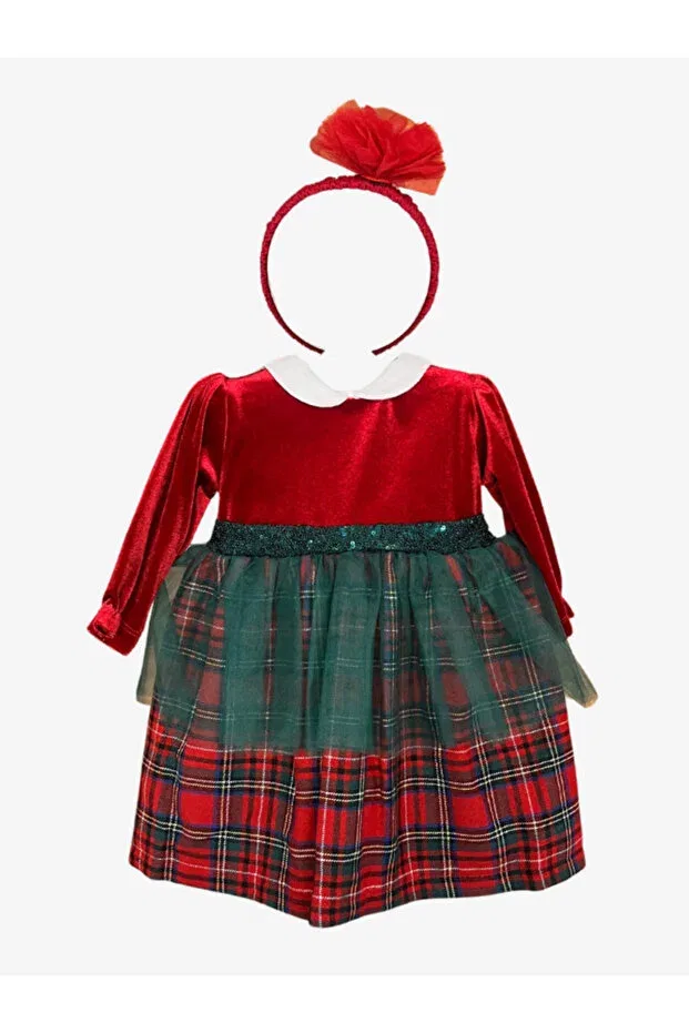 Детское платье для девочек с принтом Christmas detail baby-children's velvet plaided dress + crown Caramel, Red