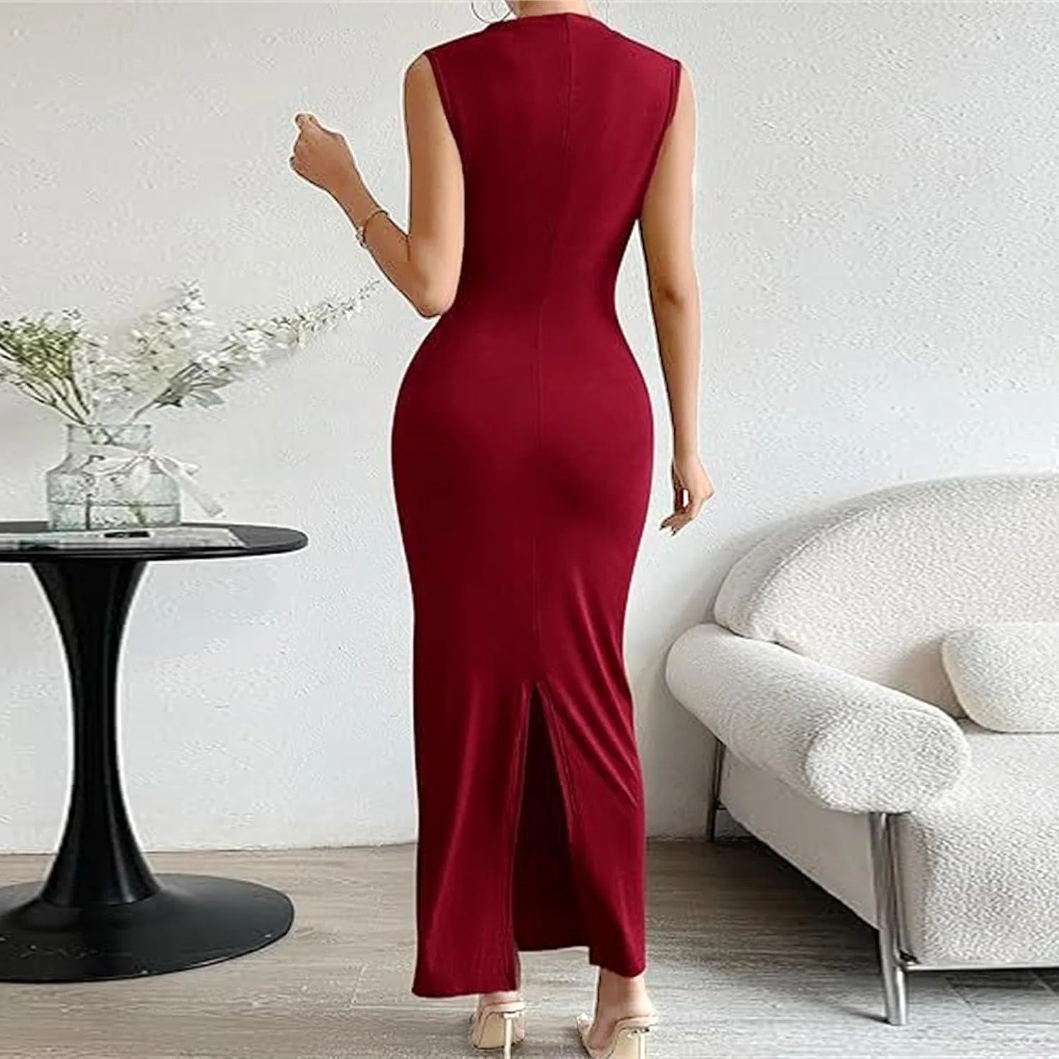Женское облегающее платье миди с драпировкой, Wine Red — фото 3
