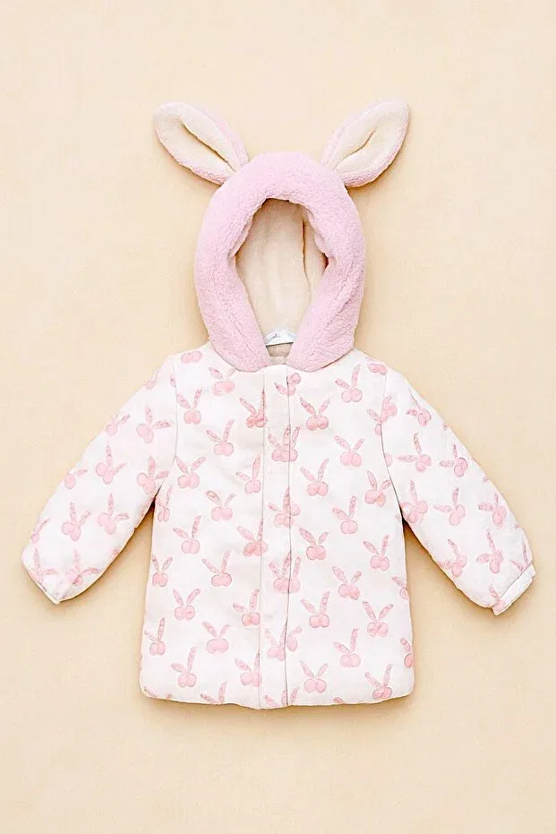 Детское пальто для девочек с принтом Cute Rabbit Patterned Dekubaby, Bej-Pudra Pembe