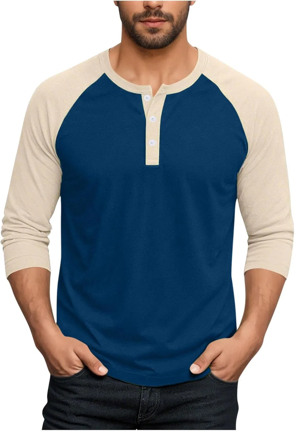Мужская повседневная футболка с контрастными рукавами, модель Long Sleeve Shirts for Men, Generic, Navy