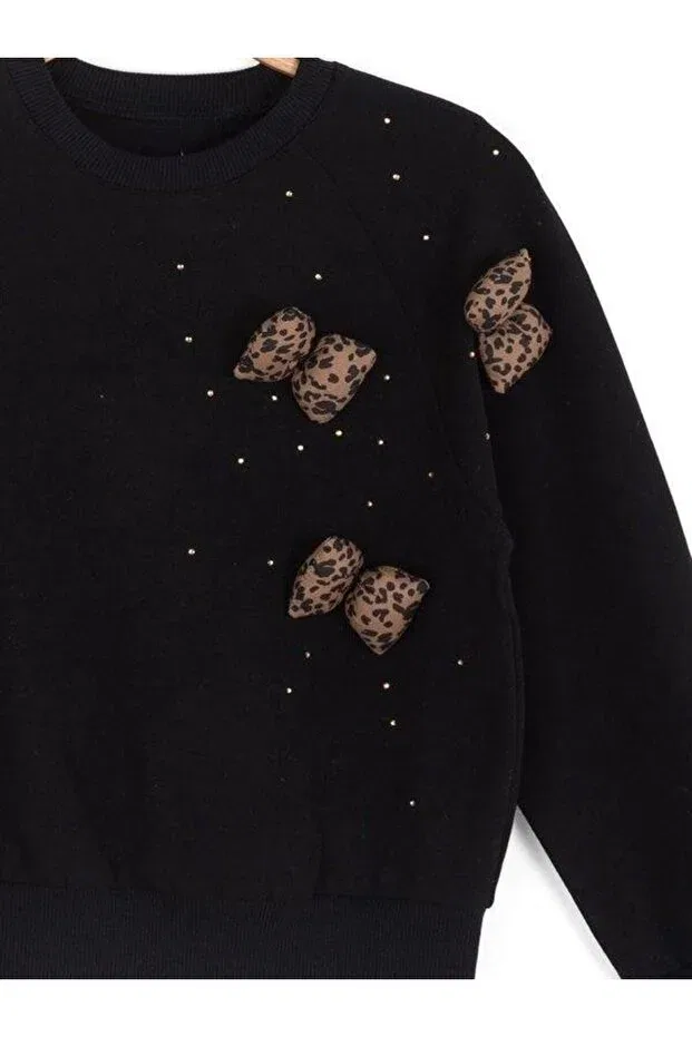 Детские свитшот для девочек с принтом Girl'S Leopard Bow Detailed Zekids, Black — фото 4
