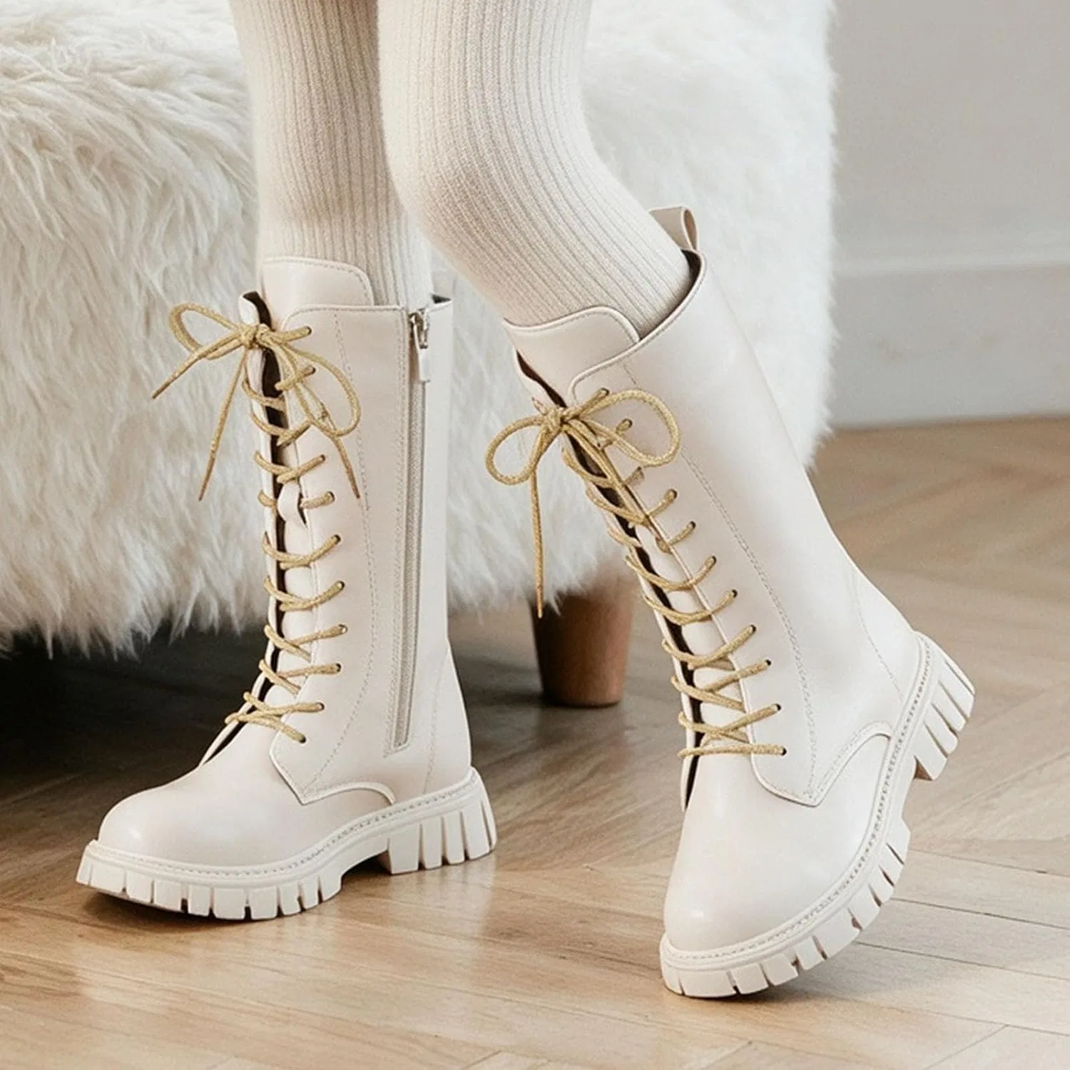 Детские ботинки для девочек на шнуровке с боковой молнией Combat Boots Cephalyxion, White — фото 2